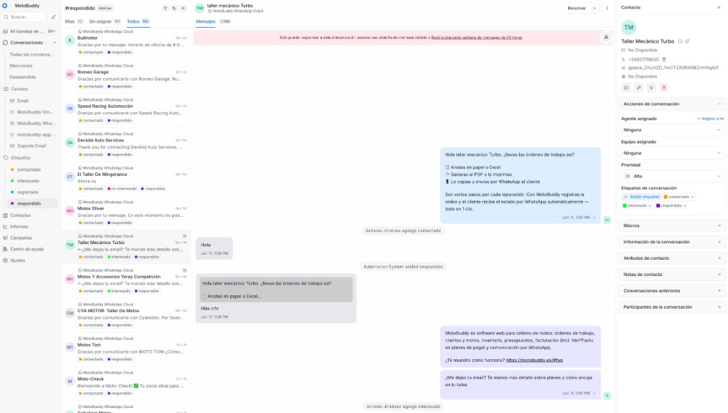 Gestor omnicanal con WhatsApp, email, etiquetas y CRM integrado